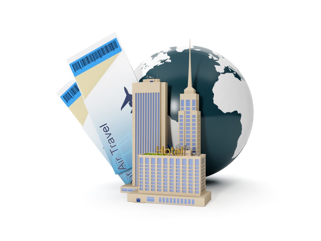 globe and buildings with plane tickets